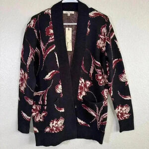 Les Serein Stitch Fix Floral Open Front Cardigan Sweater Black Burgundy NWT SM